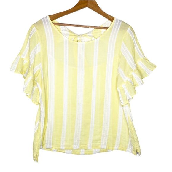 BP Womens Yellow Striped Top Size Large Tie Back Short Sleeve Flutter - Picture 2 of 7